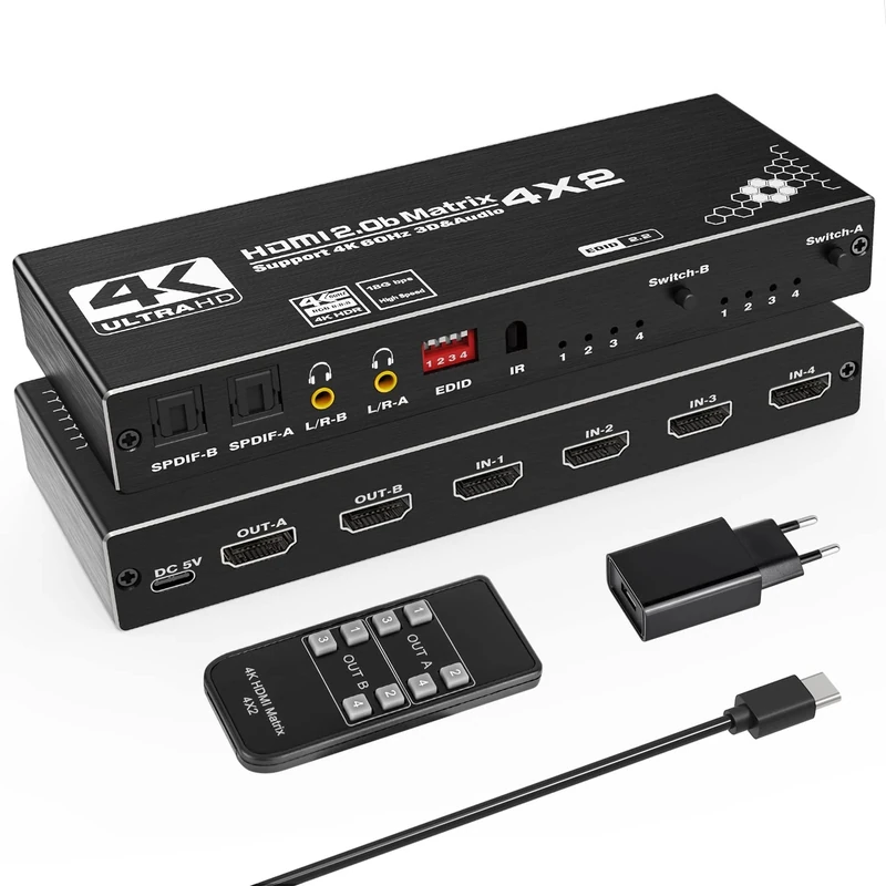Tendak HDMI Matrix 4x2 - 4K @ 60Hz HDMI Switch & Splitter Supports HDCP 2.2 HDR 3D with Audio Extractor & IR Remote