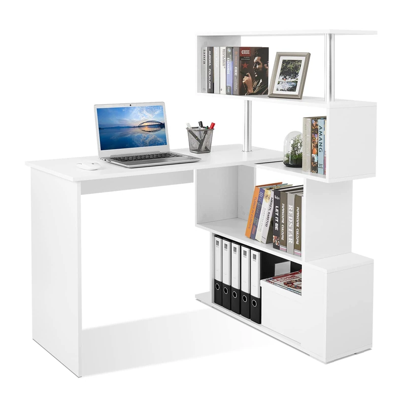 Mondeer L Shaped Computer Desk, Corner Desk, 360 Degree Rotatable Shelves, Space Saving Table with Spacious Storage for Home Office Workstation Study, 157 x 45 x 130.5 cm, White