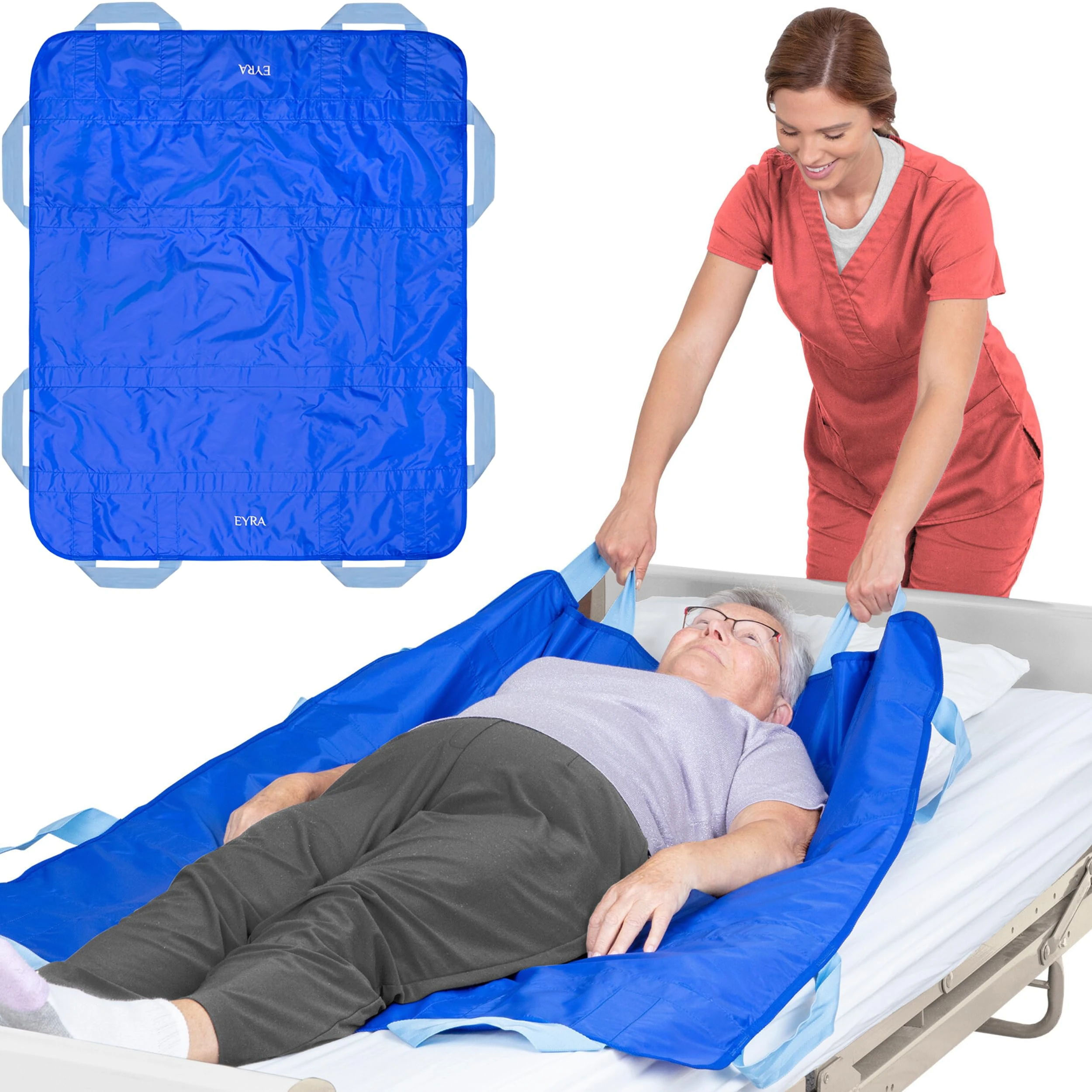 EYRA Slide Sheets for Moving Patients on Bed - 48”x40” Draw Sheets for Hospital Bed for Elderly - Positioning Bed Pad with Handles for Turning, Repositioning and Lifting (Blue)