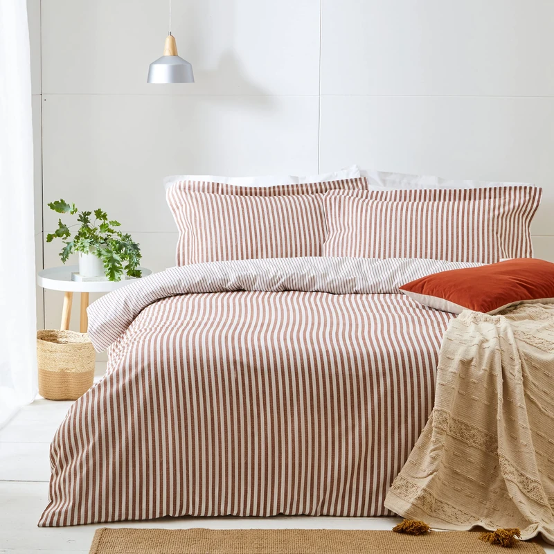 furn. Yard Hebden 100% Cotton Stripe Duvet Cover Set – Reversible Striped Bedding (Pecan, King)