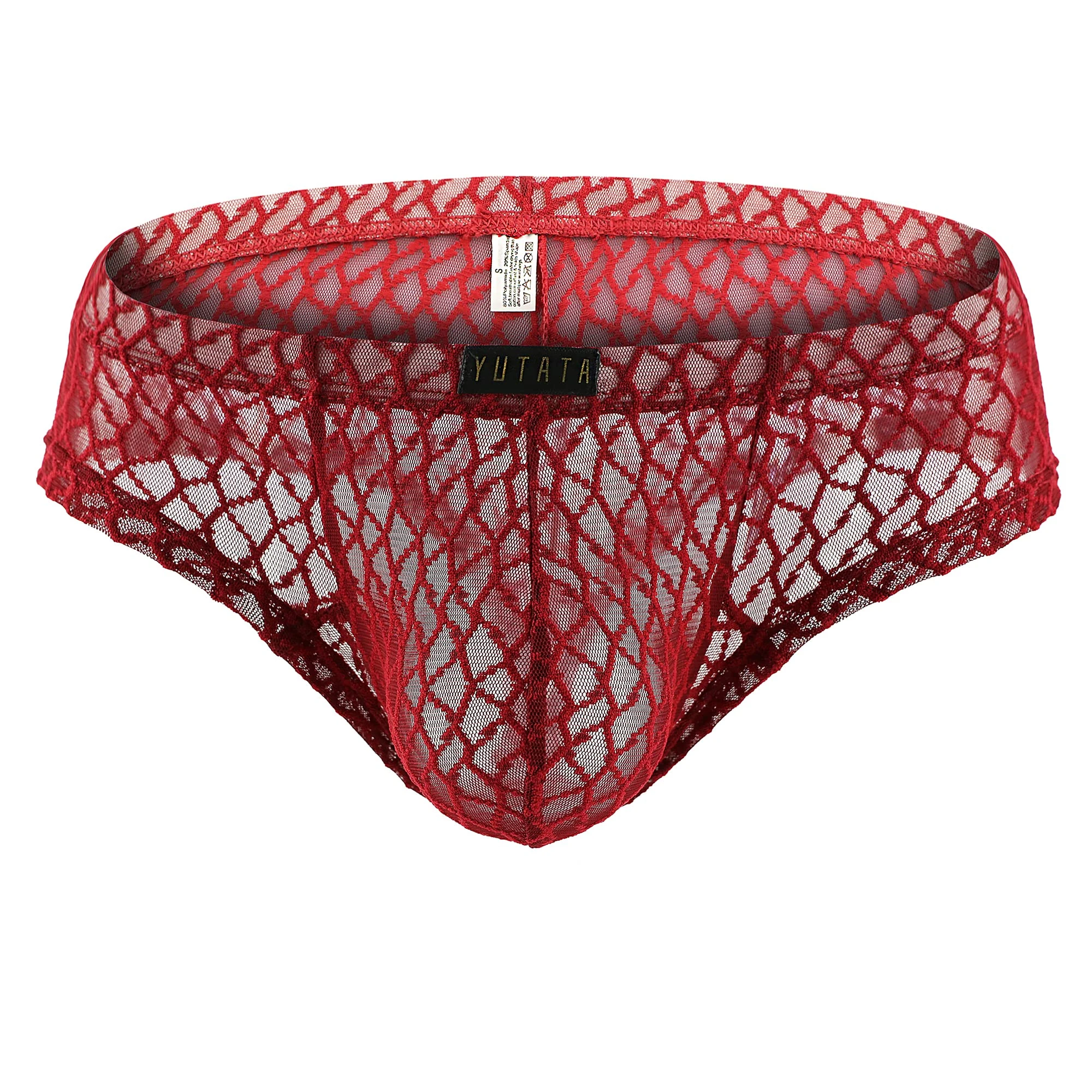 Drelaar Men's Lace Pouch Thongs Breathable Underwwear Briefs Panties Medium Wine Red