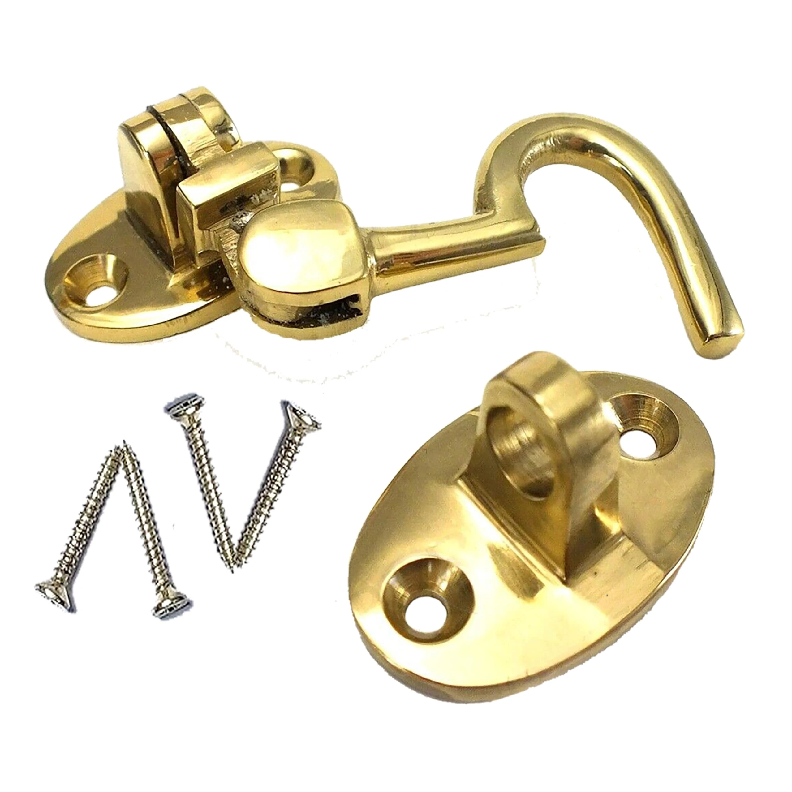 2 Inch Brass Cabin Hook & Eye – Silent Catch Door Holder with Screws for Shed, Gate, Patio or Garden Use (Pack of 1)