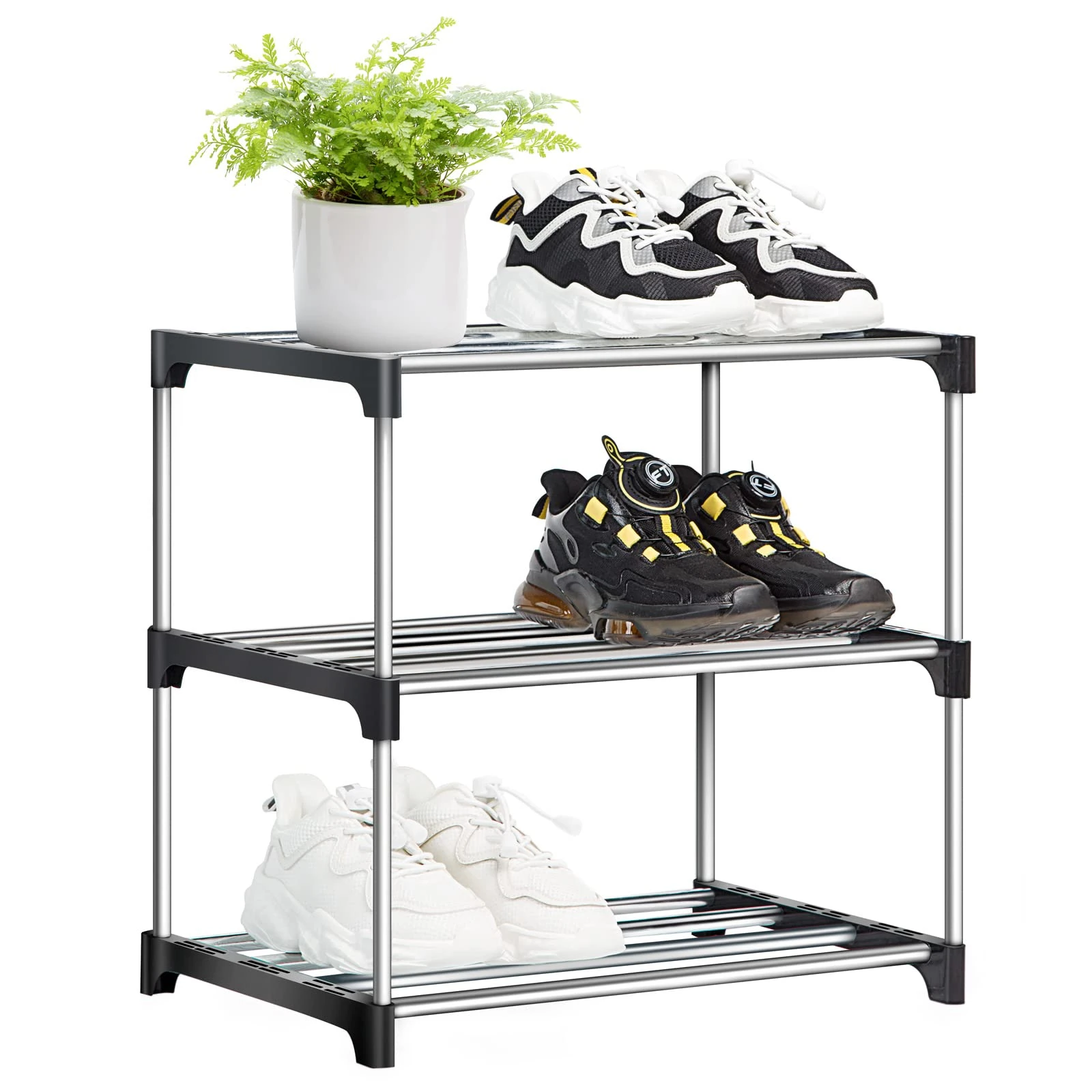 OLYREO Shoe Rack Stackable Small Shoe Racks 3 Tier Footware Storage, Slim Shoe Rack Storage Organizer, Durable Metal Shoe Shelf for Closet Entryway Hallway Bedroom Quick Assembly