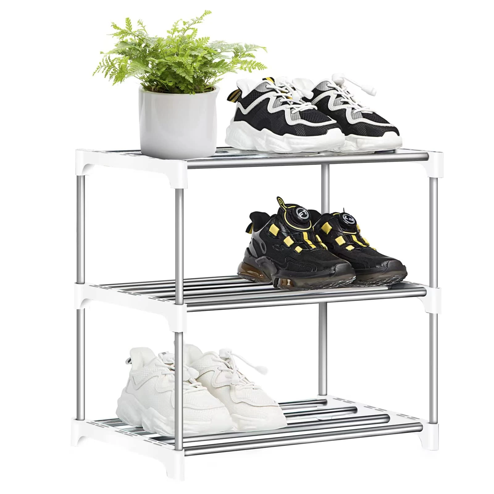 OLYREO 3 Tier White Shoe Rack, Shoe Rack Small, Mini Shoe Organizers, Slim Stackable Small Shelf Shoe Storage Shoe Stand Organizer for Hallway, Bedroom and Entryway Space Saving