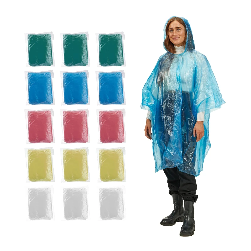 Relaxdays Disposable Rain Poncho, Set of 15, Raincoat with Hood, 5 Colours, Unisex, Multicoloured