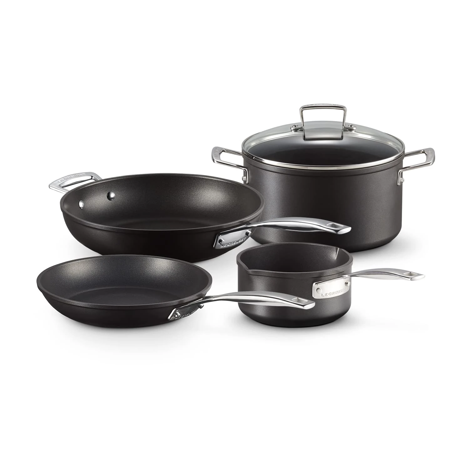 LE CREUSET Toughened Non-Stick 4-Piece cookware Set, Contains: 24cm Shallow Frying Pan, 28cm Deep Frying Pan, 16cm Milk Pan and 24cm Deep Casserole with Lid