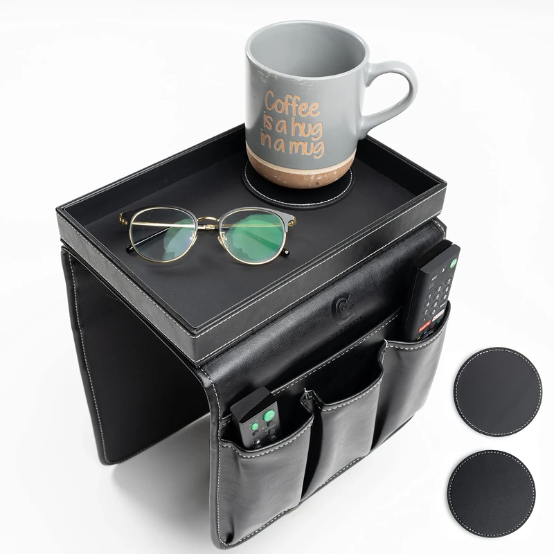 GLOCHYRA Armchair Caddy Remote holder for Recliners Armrest Organizer PU Leather - 5 Pockets Chair Caddy for phone, magazine with Detachable Arm Tray for Snacks- Comes with 2 Piece Coaster (Black)