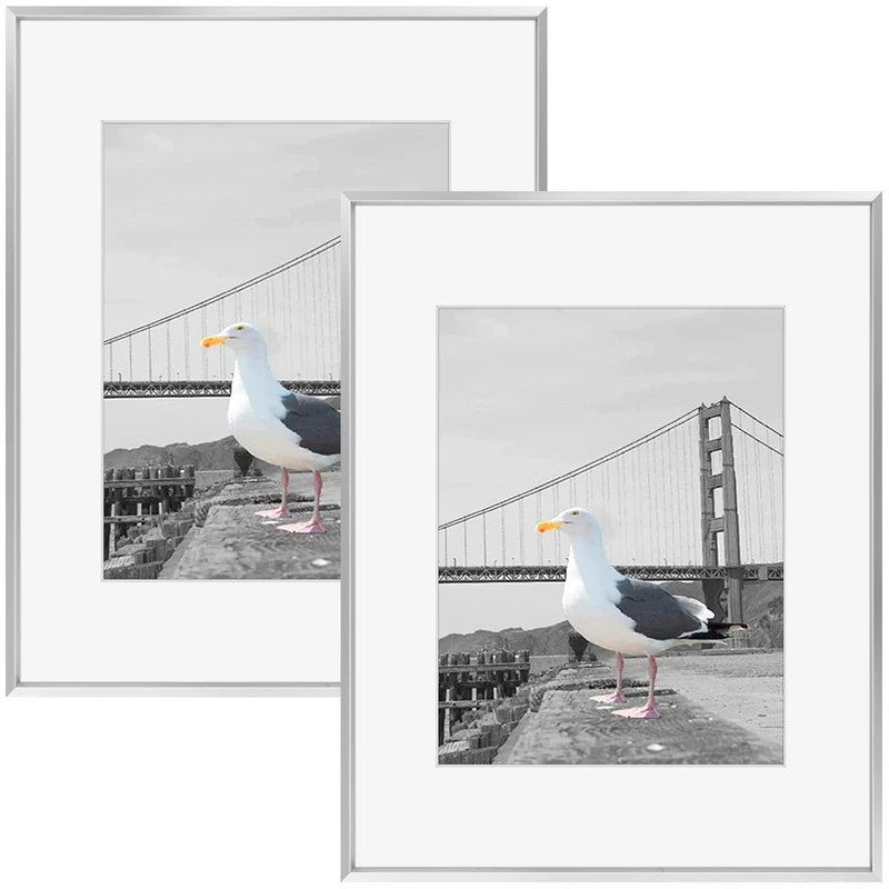 Frametory, 16x20 Metal Picture Frame with Mat for 11x14 Picture & Real Glass, Aluminum Photo Frame Collection (Silver, 2 Pack)