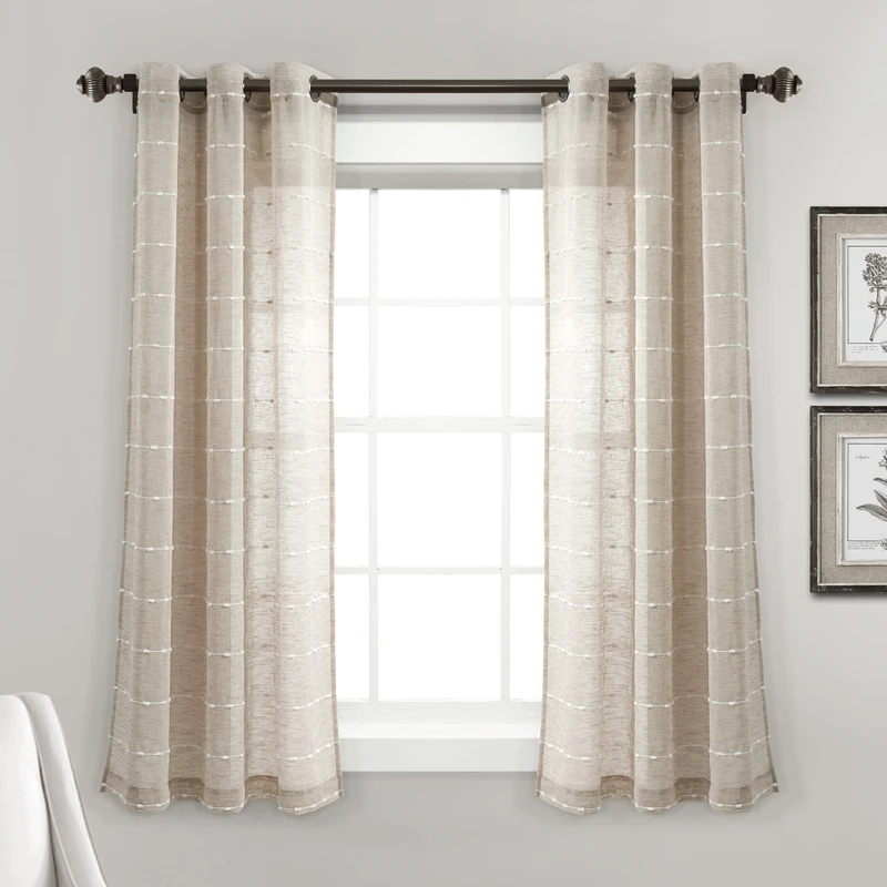 Lush Decor Farmhouse Textured Grommet Sheer Window Curtain Panel Pair, 38" W x 63" L, Neutral