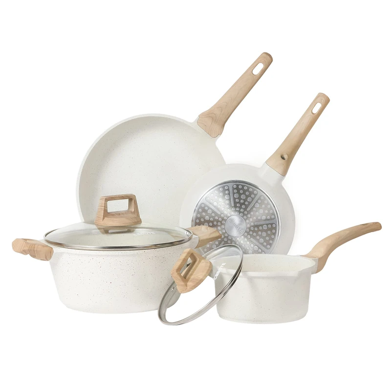 CAROTE Pots and Pans Set, Cookware Set 6-Piece, Non Stick Induction Hob Pan Set with Frying Pan, Saucepan, Stockpot, White (Ice 6pcs Set)