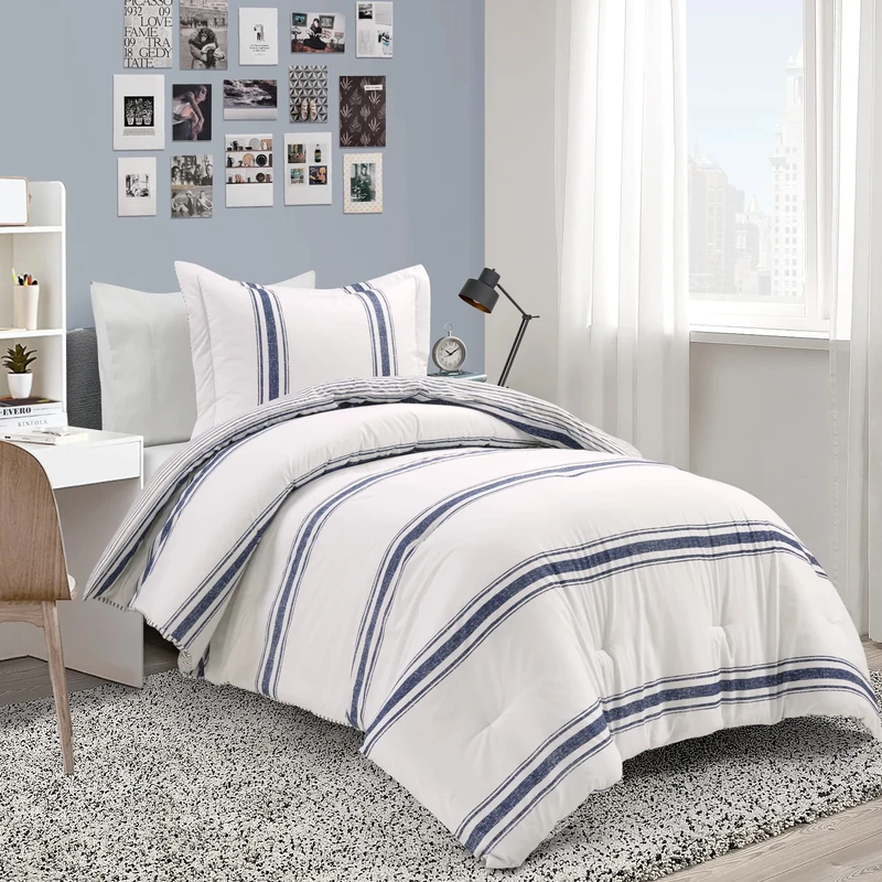 Lush Decor Farmhouse Stripe Reversible Cotton 2 Piece Comforter Set, Navy, Twin-XL