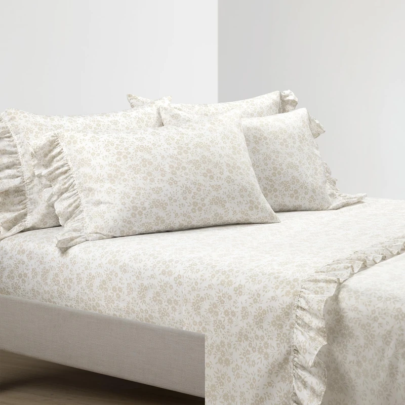 Lush Decor Garden of Flowers Ruffle 4 Piece Sheet Set, Twin-XL, Neutral & White