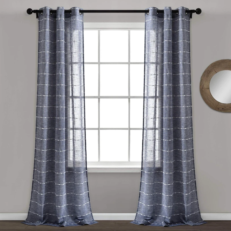 Lush Decor Farmhouse Textured Grommet Sheer Window Curtain Panel Pair, 38" W x 108" L, Navy
