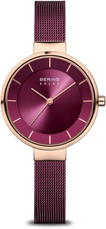 BERING Damen Solar Uhr | Armbanduhr 31 mm roségoldenes Edelstahlgehäuse und lilanes Zifferblatt | Milanaisearmband | Saphierglas | 5 ATM | 14631-969