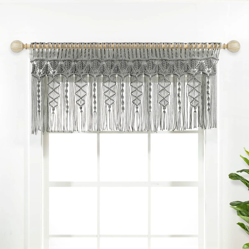 Lush Decor Boho Macrame Textured Cotton Valance/Kitchen Curtain/Wall Décor, 20" L x 50" W, Gray