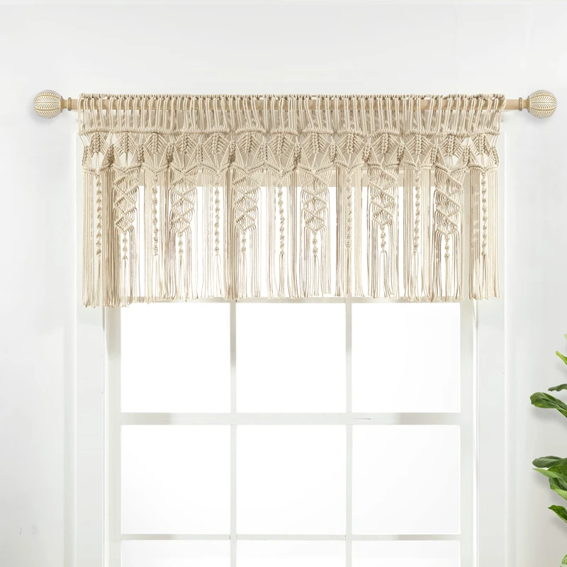 Lush Decor Boho Macrame Textured Cotton Valance/Kitchen Curtain/Wall Décor, 20" L x 50" W, Neutral