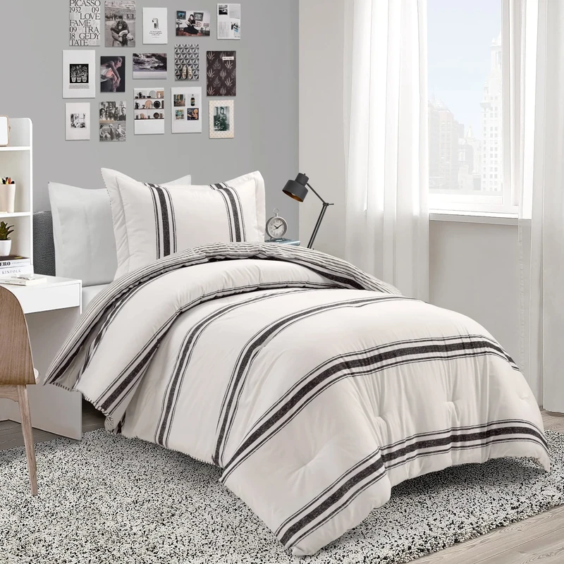 Lush Decor Farmhouse Stripe Reversible Cotton 2 Piece Comforter Set, Black, Twin-XL