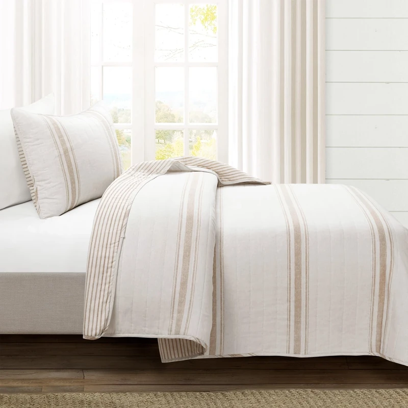 Lush Decor Farmhouse Stripe Reversible Cotton 2 Piece Quilt Bedding Set, Twin-XL, Neutral