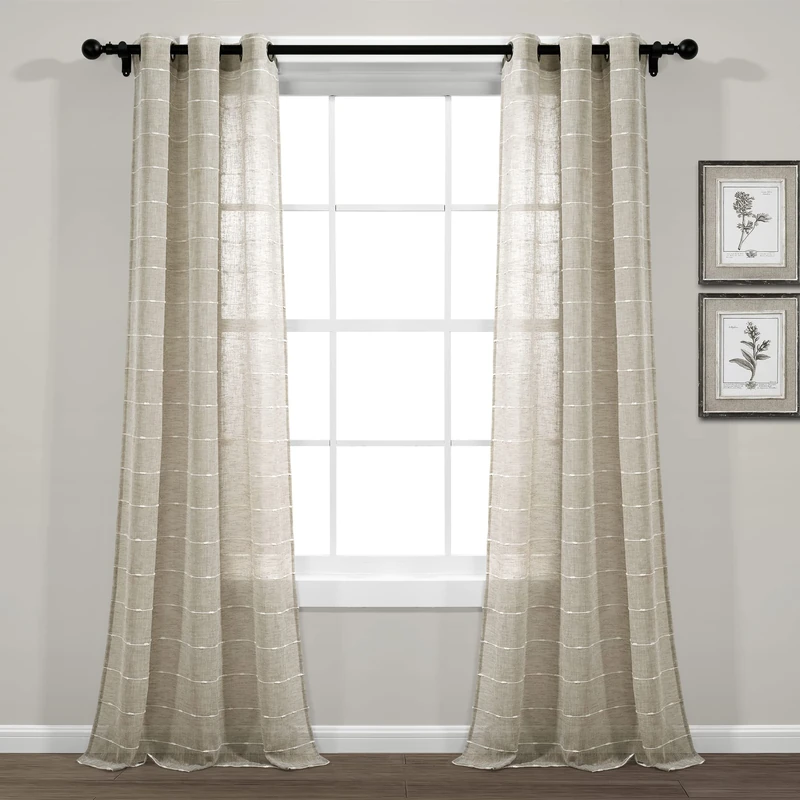 Lush Decor Farmhouse Textured Grommet Sheer Window Curtain Panel Pair, 38" W x 108" L, Neutral