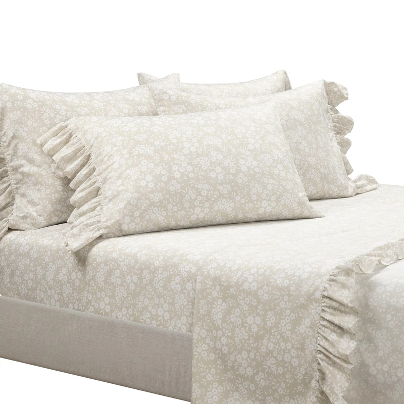 Lush Decor Garden of Flowers Ruffle 6 Piece Sheet Set, Queen, Neutral