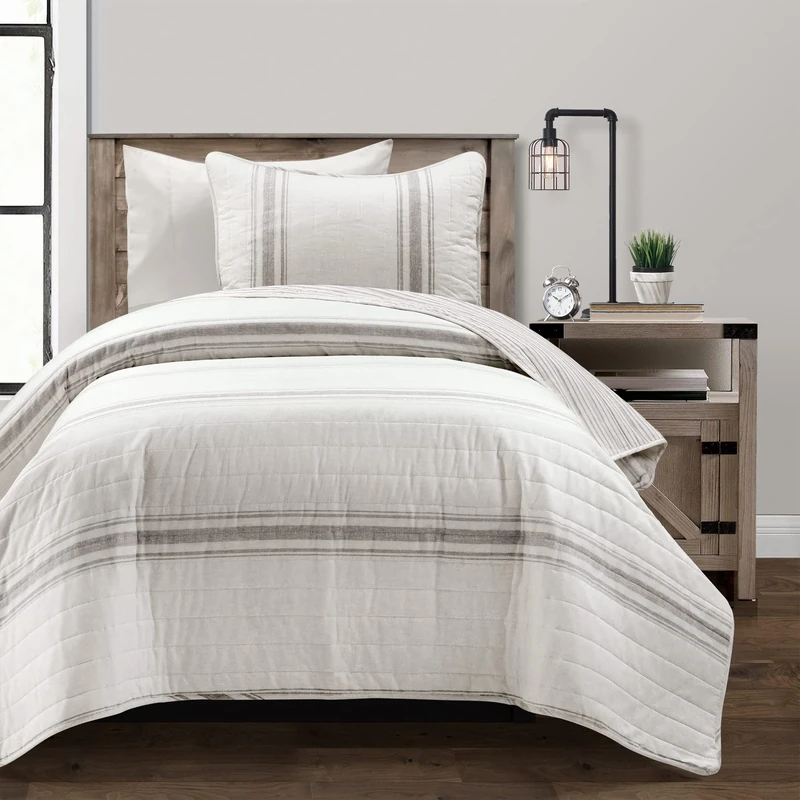Lush Decor Farmhouse Stripe Reversible Cotton 2 Piece Comforter Set, Gray, Twin-XL