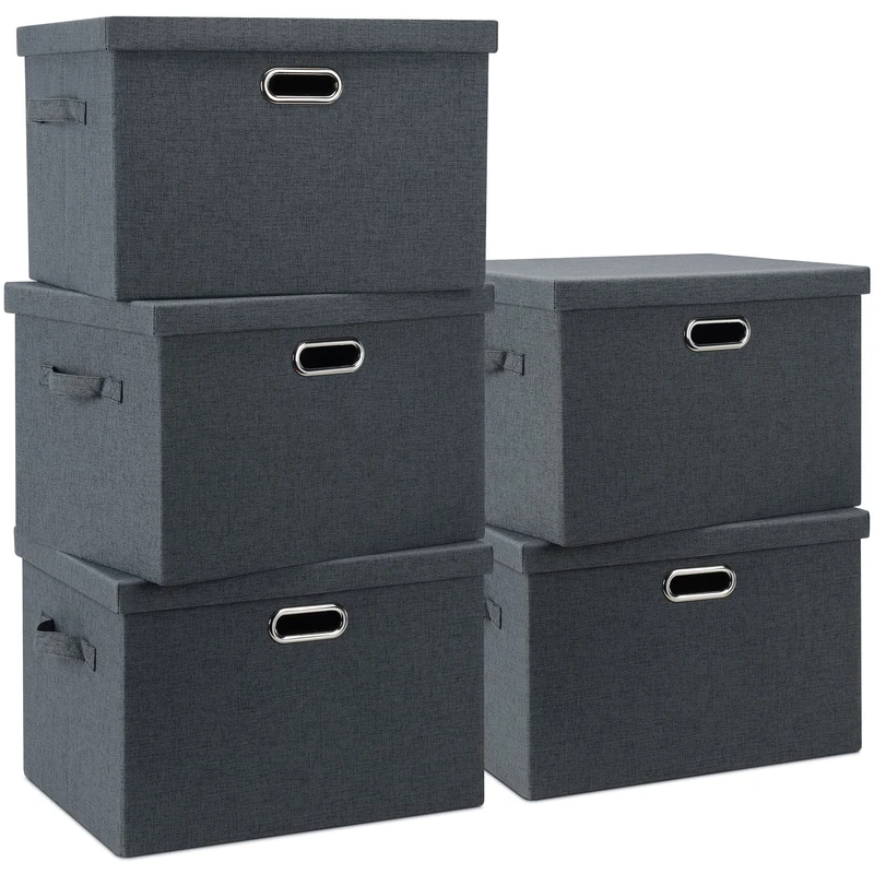 Graciadeco Large 17" 36 Quart Collapsible Stackable Storage Bins with Lids, 5 Packs Dark Gray Foldable Fabric Closet Storage Boxes with Lids Heavy-duty Linen Cube Baskets(17 x 12 x 11)