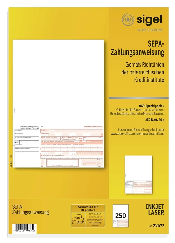 SIGEL ZV672 SEPA Transfers, Payment Instructions Austria, A4, 250 Sheets, Includes Free Download Labelling Assistant