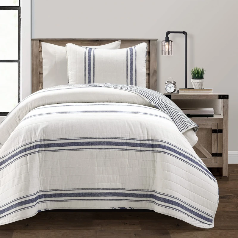 Lush Decor Farmhouse Stripe Reversible Cotton 2 Piece Comforter Set, Navy, Twin-XL