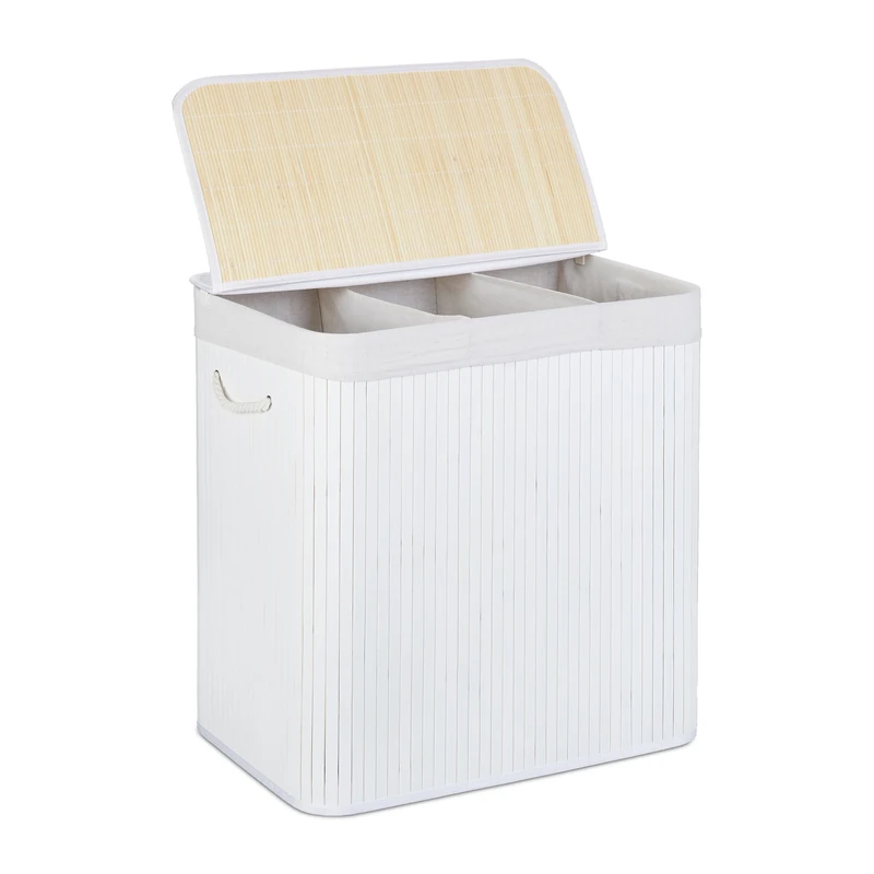 Relaxdays Bamboo Laundry, Clothes Container, 3 Compartments, Folding, Rectangular Basket, 62x62.5x42.5cm, White