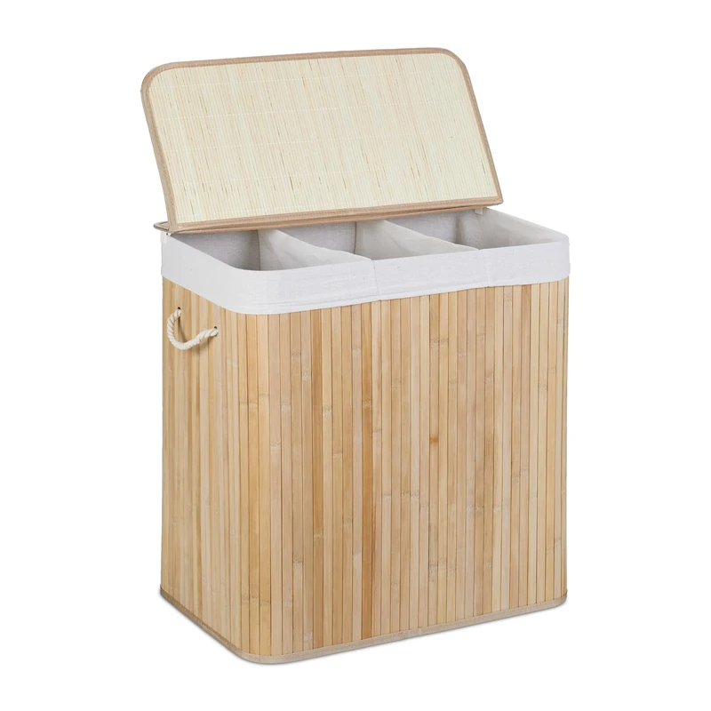 Relaxdays Bamboo Laundry, Clothes Container, 3 Compartments, Folding, Rectangular Basket, 62x62.5x42.5cm, Natural