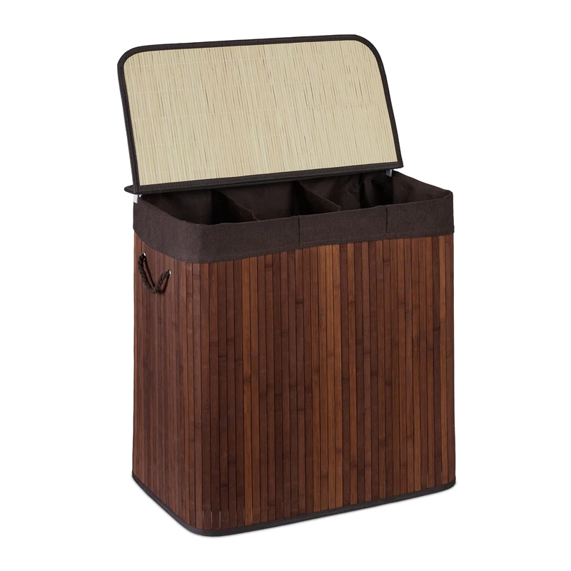Relaxdays Bamboo Laundry, Clothes Container, 3 Compartments, Folding, Rectangular Basket, 62x62.5x42.5cm, Brown