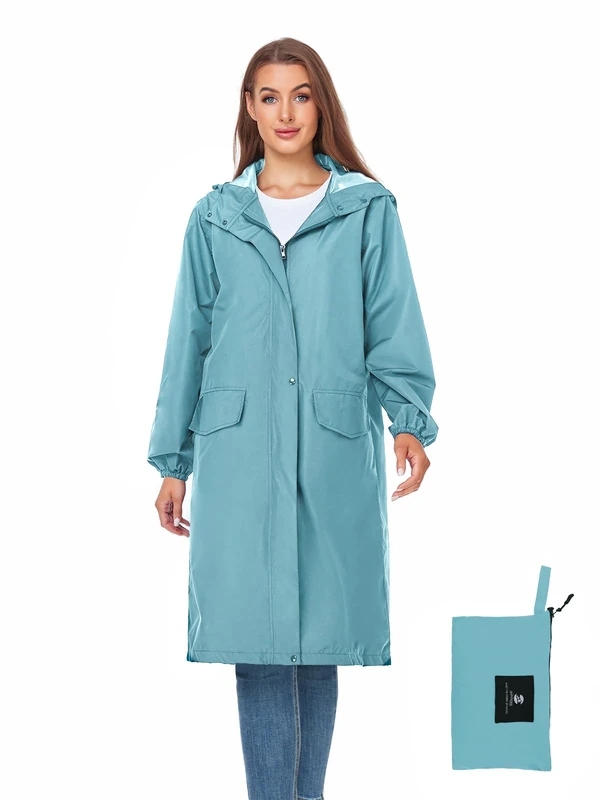 SaphiRose Women's Long Rain Jacket Waterproof Lightweight Hooded Raincoat Packable Knee Length Rain coat, Light-blue, X-Large