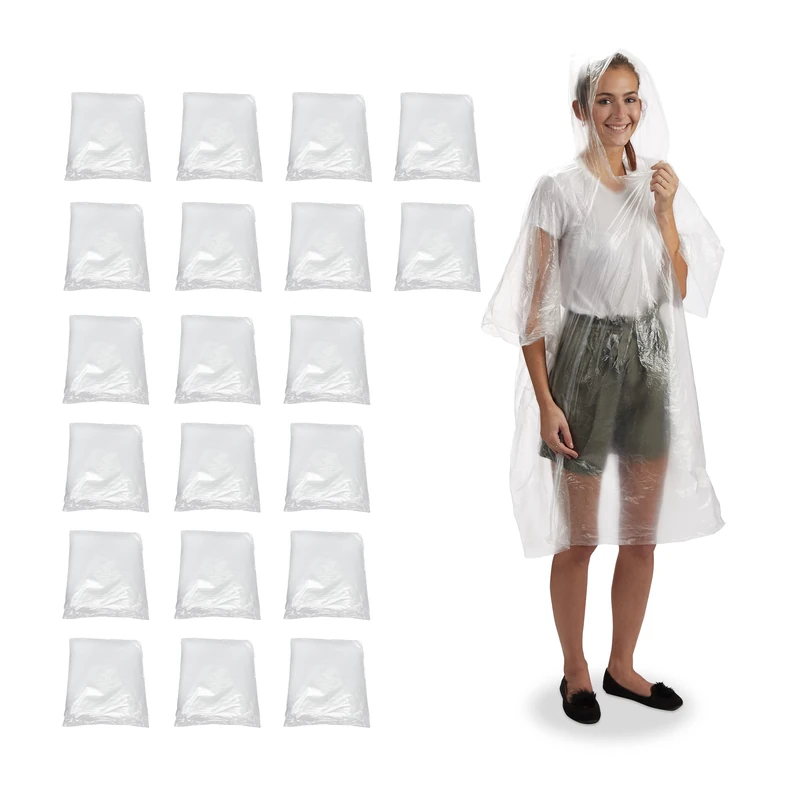 Relaxdays Disposable Rain Poncho, Set of 20, Raincoat with Hood, Unisex, Transparent