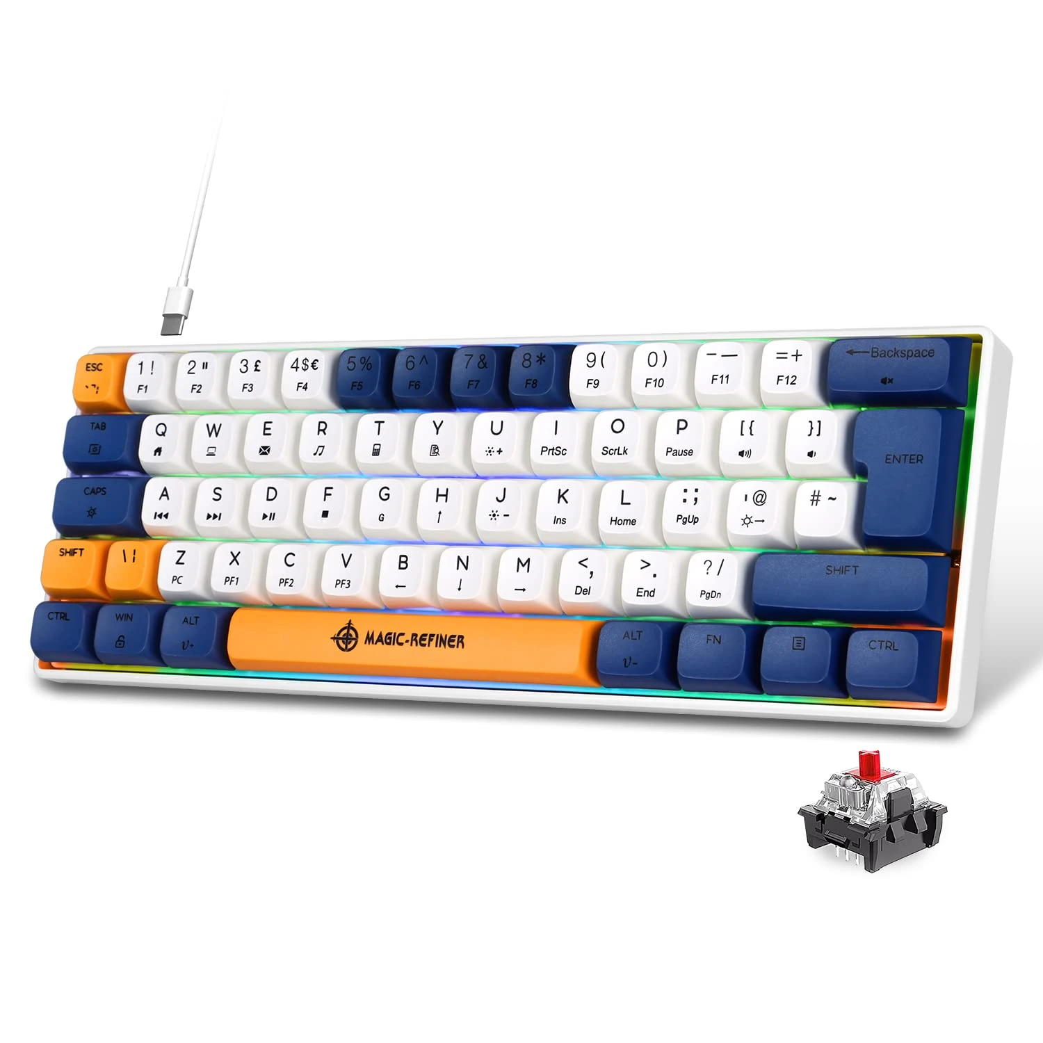 MAGIC-REFINER MK21 60% Percent Mechanical Keyboard UK Layout Compact 62 Key Mechanical Gaming Keyboard Light up RGB Backlit USB C Gaming keyboard Compatible with PC, Laptop, PS4, PS5 - Red Switch