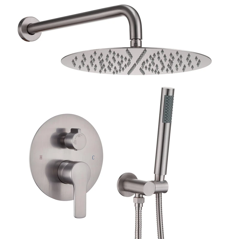 Iriber Brushed Nickel Shower System Wall Mounted Shower Faucet Mixer Set with 12" Rain Shower Head and Handheld Shower Bathroom Shower Panel Kit Includes Pressure Balancing Valve