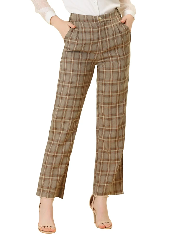 Allegra K Women's Plaid Pants Elastic Waist Casual Work Office Long Trousers, Light Brown Beige, M