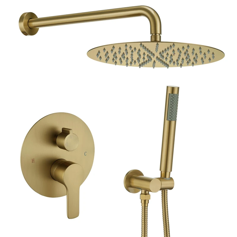 Iriber Brushed Gold Shower System Wall Mounted Shower Faucet Mixer Set with 12 Inches Rain Shower Head and Handheld, Bathroom Shower Trim Kit Contain Pressure Balance Valve