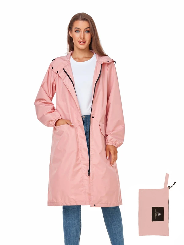 SaphiRose Women's Long Rain Jacket Waterproof Lightweight Hooded Raincoat Packable Knee Length Rain coat, Light-pink, Medium