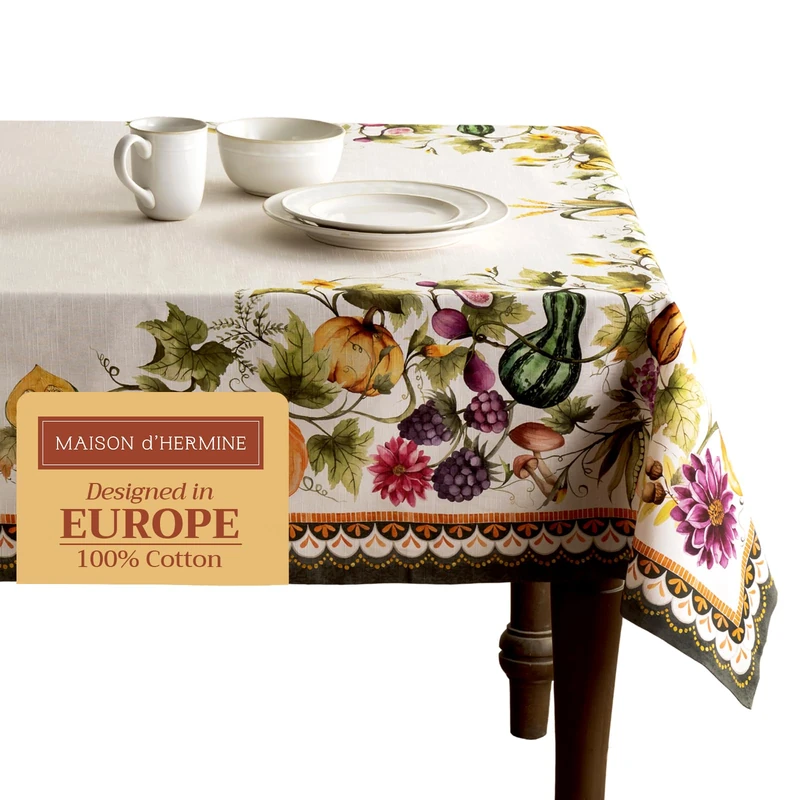 Maison d' Hermine Tablecloth 100% Cotton 70"x108" Decorative Rectangle Tablecloths Washable Table Cover, Home, Restaurant, Pumpkin Garden - Cloudy Cream - Thanksgiving/Christmas