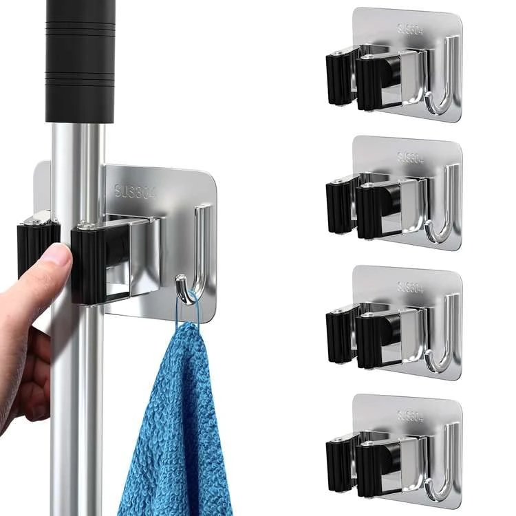 homeasy Mop Broom Holder, 4 Pcs Stainless Steel Self Adhesive Mop Holder Wall Mounted with Hooks Hanger Self-Adhesive Broom Holder (Siver Mix)
