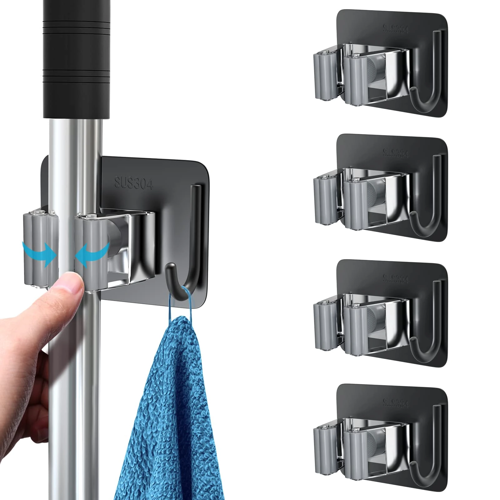 homeasy Mop Broom Holder, 4 Pcs Stainless Steel Self Adhesive Mop Holder Wall Mounted with Hooks Hanger Self-Adhesive Broom Holder for Bathroom, Kitchen, Office, Closet, Garden Garage(Black Mix)
