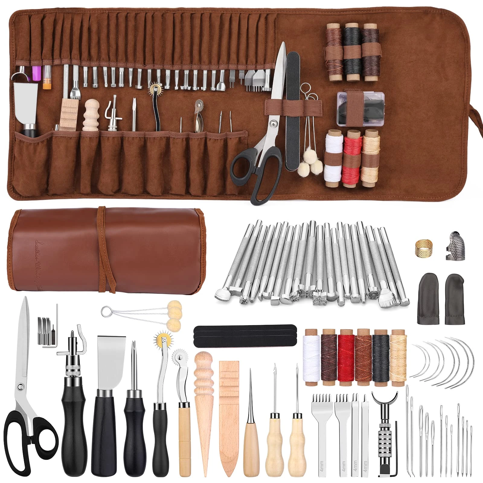 Leather Working Kit Leather Tool Kit Leather Craft Kits with Carving, Stamping & Sewing Tools and Custom Storage Bag for Cutting Punching