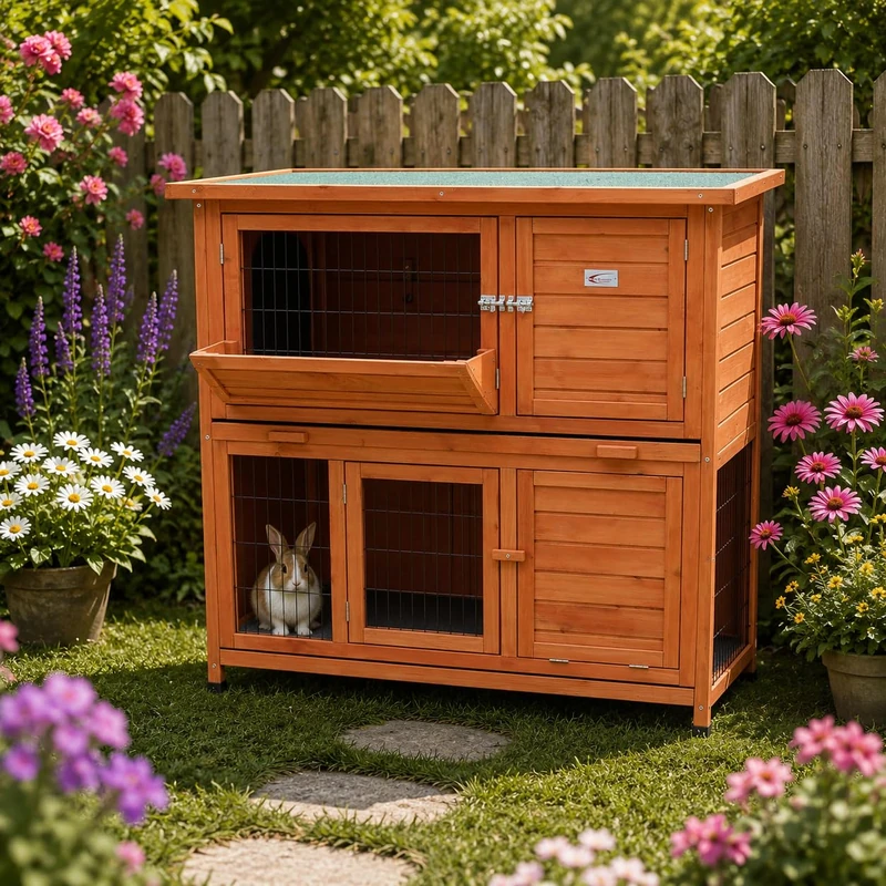 BUNNY BUSINESS 4ft 2-Tier Double Decker Rabbit/Guinea Pig Hutch Hutches with Sliding Trays & Ramp Run Hutches Cage Guinea Pig Ferret House Home Double Decker (Red)