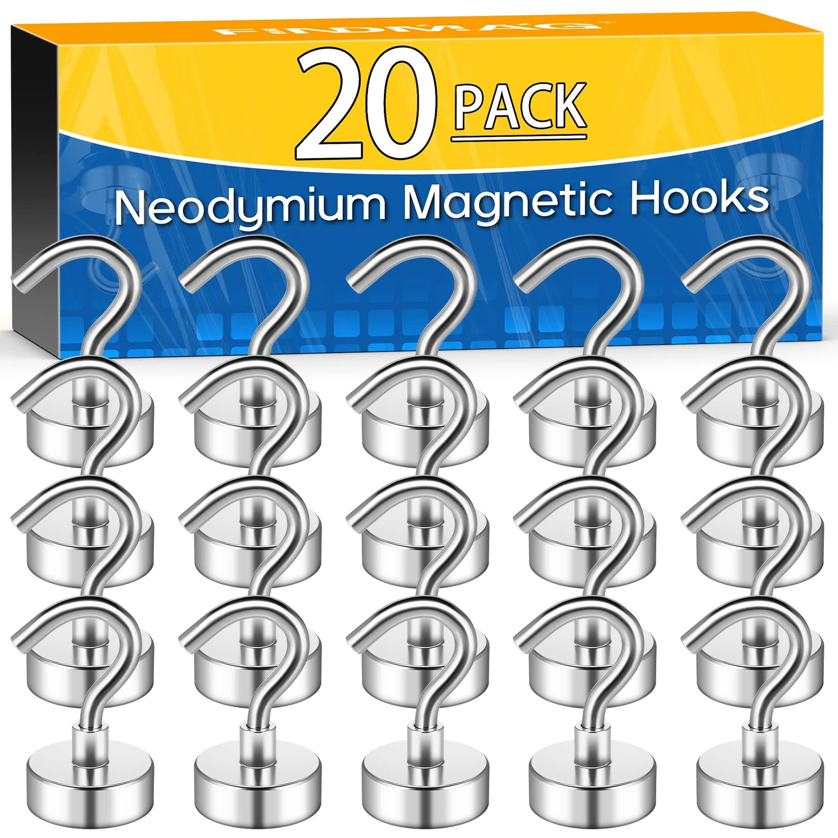 FINDMAG 20 Pack Magnetic Hooks for Cruise Cabins, 30 LB Strong Neodymium Magnets with Hooks, Rare Earth Magnetic Hook for Hanging in Classroom, Kitchen, Office, Camper, Home, Ship, Silver