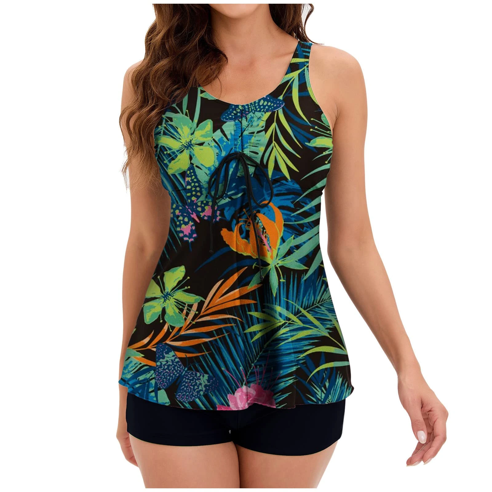 Women Floral Tankini Swimsuits Hawaiian Print Two Piece Swimsuit Bathing Suits Swim Tank Top with Shorts Padded Flounce Swimwear Swimdress Ladies Swimming Costumes UK Clearance Green