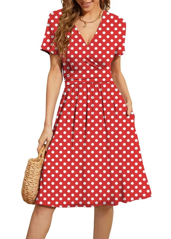 WEACZZY Women's Summer Short Sleeve Casual Dresses V-Neck Floral Party Dress with Pockets, White Dot Red, L