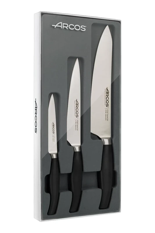 Arcos Forged Kitchen Knife Set 3 Pieces (Paring Knife + Kitchen Knife + Chef's Knife), Stainless Steel Forged Nitrum, Polypropylene POM Handle, Series Clara, Black Color