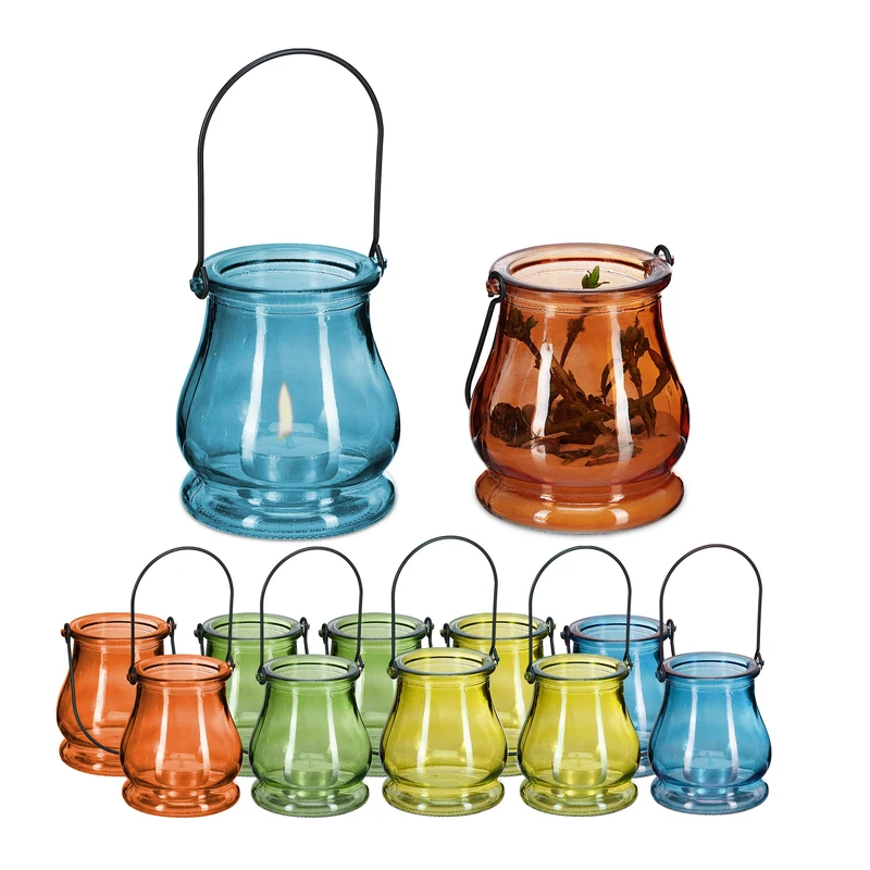 Relaxdays Lanterns Set of 12, Decorative Candle Holders for Outdoors & Indoors, H x D: 10 x 8,5 cm, Glass, Multicoloured - Image 1