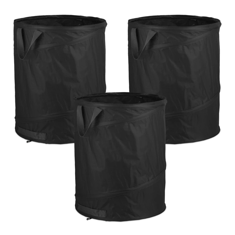 Relaxdays Pop-Up Garden Waste Bags, Set of 3, 85 L, Outdoor Refuse Sacks, 3 Handles, UV-Resistant, Waterproof, Black