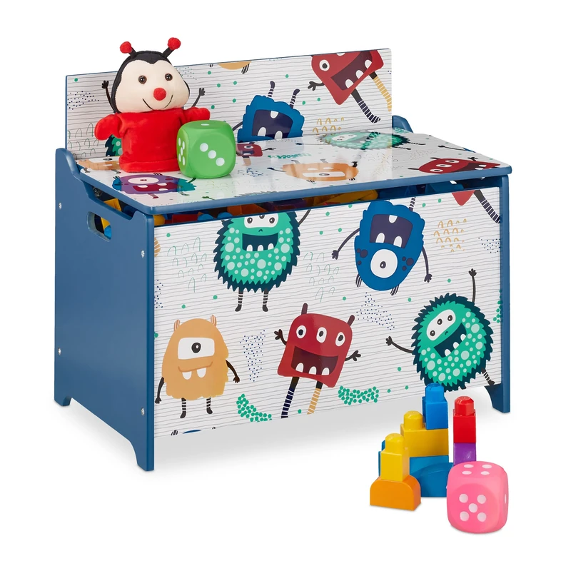 Relaxdays Toy Storage Box, Monster Design, Chest with Lid, HWD: 50 x 60 x 36.5 cm, MDF, Blue/White, 100% fibreboard